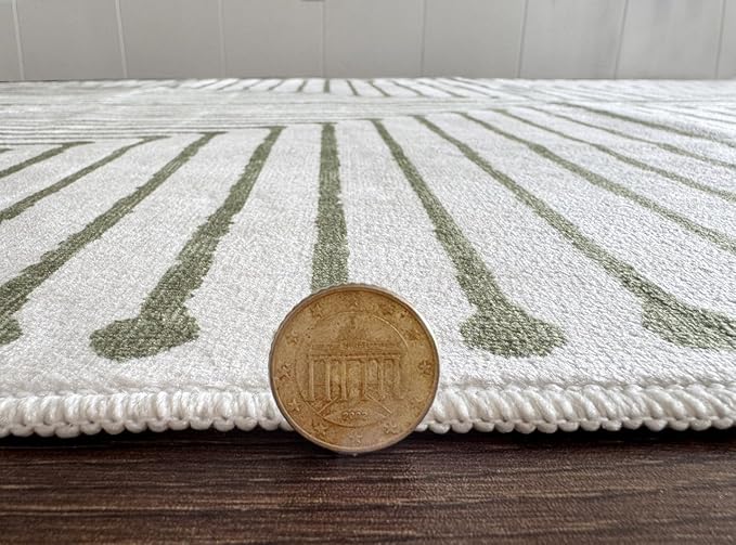GLN Rugs Contemporary Collection - Machine Washable Area Rug, Contemporary Washable, Non Slip, Low Pile Chenille Rug, Living Room, Bedroom, Kitchen Rug (5'3" Round Green Beige)