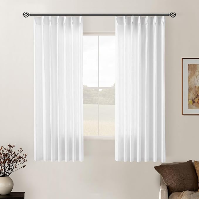TWODRAPES Snow White Pinch Pleated Linen Curtains 2 Panels for Living Room Bedroom Memory Training Shaped Semi Sheer Pleat Drapes with Hooks Rings Light Filtering Window Curtain 40x54