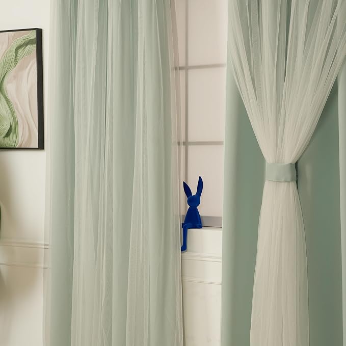INLINAS Mint Blackout Curtains with Sheer Overlay - Grommet Top Thermal and Noise Reduction Panels for Bedroom and Living Room Light Blocking and Energy Saving, 37 x 72 Inches, Set of 2