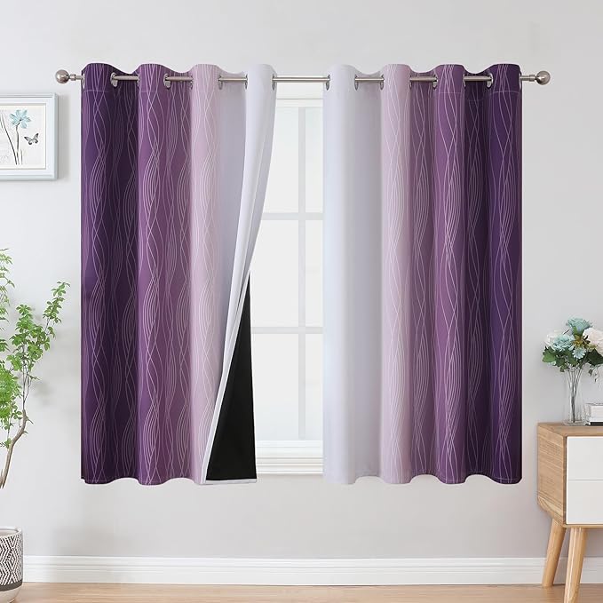 Estelar Textiler Purple and Greyish White Blackout Curtains 45 Inch Length, Light Blocking Gradient Drapes for Bedroom, Thermal Insulated Grommet Ombre Curtains for Bathroom,52Wx45L,2 Panels