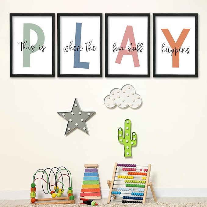 This Is Where Fun Stuff Happens Kids Playroom Wall Decor PLAY Quote Art | Motivational Prints for Nursery, Black Wood Frame, Set of 4, 11x16 Inches , Let's Play Sign for Toddler Boys, Ready to Hang