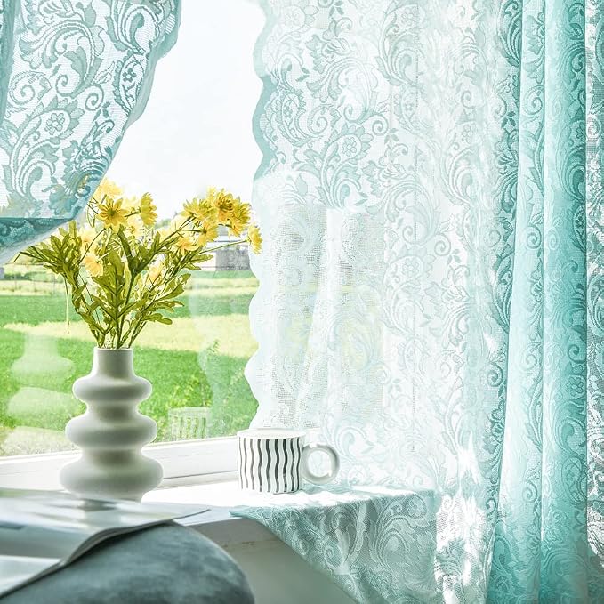 ALIGOGO Mint Green Curtains for Bedroom - Lace Sheer Seafoam Aqua Curtains 63 Inches Length for Baby Girl Bedroom, Rod Pocket Ocean Coastal Beach Summer Decor 52 W x 63 L, 1 Pair, Aqua