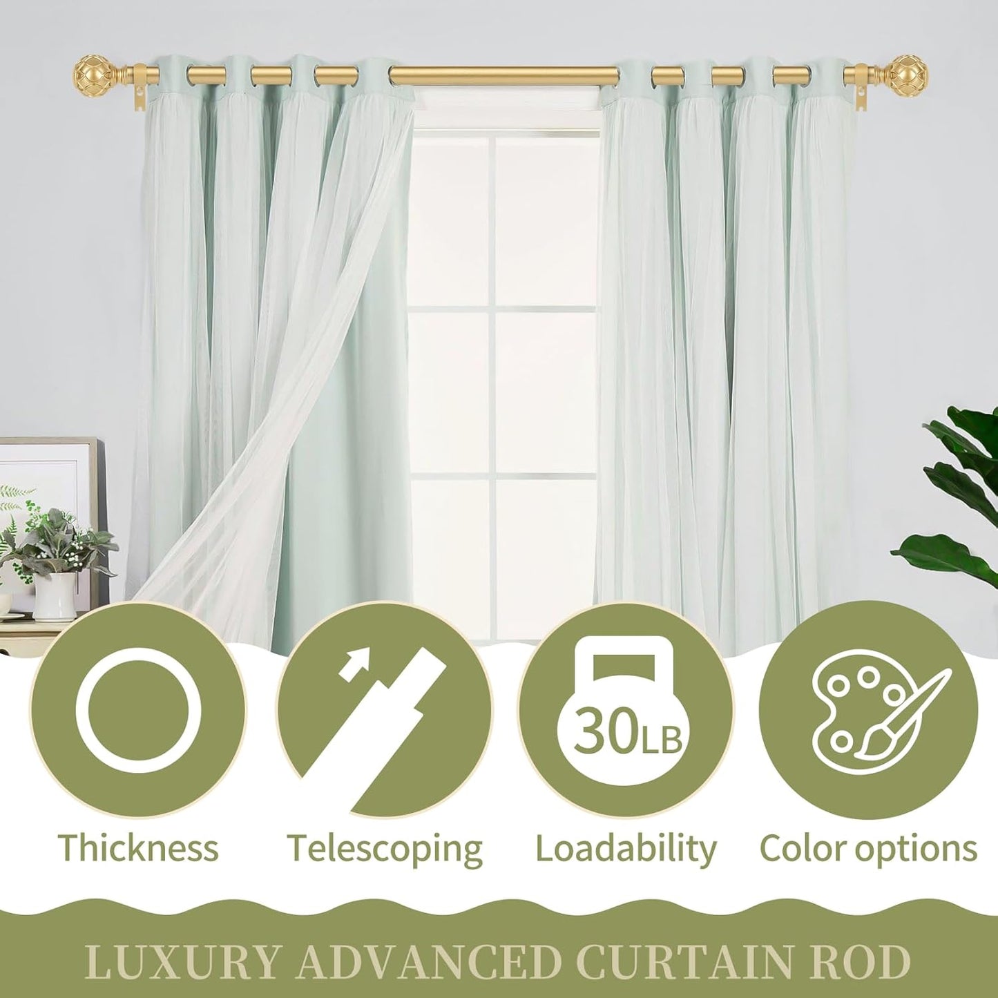 Gold Adjustable Curtain Rods for Windows:72-144 Inch Farmhouse Heavy Duty Long Curtain Rod for Bedroom Living Room,Boho Decorative Rustic Drapery Rods with Vintage Coastal Finials,Brass Gold