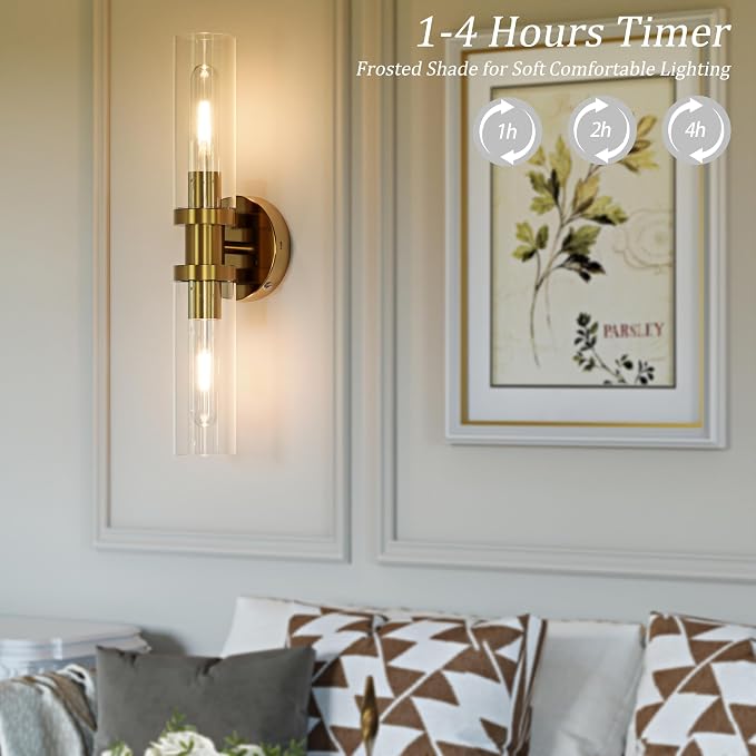 Rayogale Glass Battery Operated Wall Sconce Set of 2, Rechargeable Wireless Wall Lights Remote Control, 8000mAh Not Hardwired Timer Dimmable Wall Lamps for Living Room Bedroom Entryway Gold 16.5 Inch