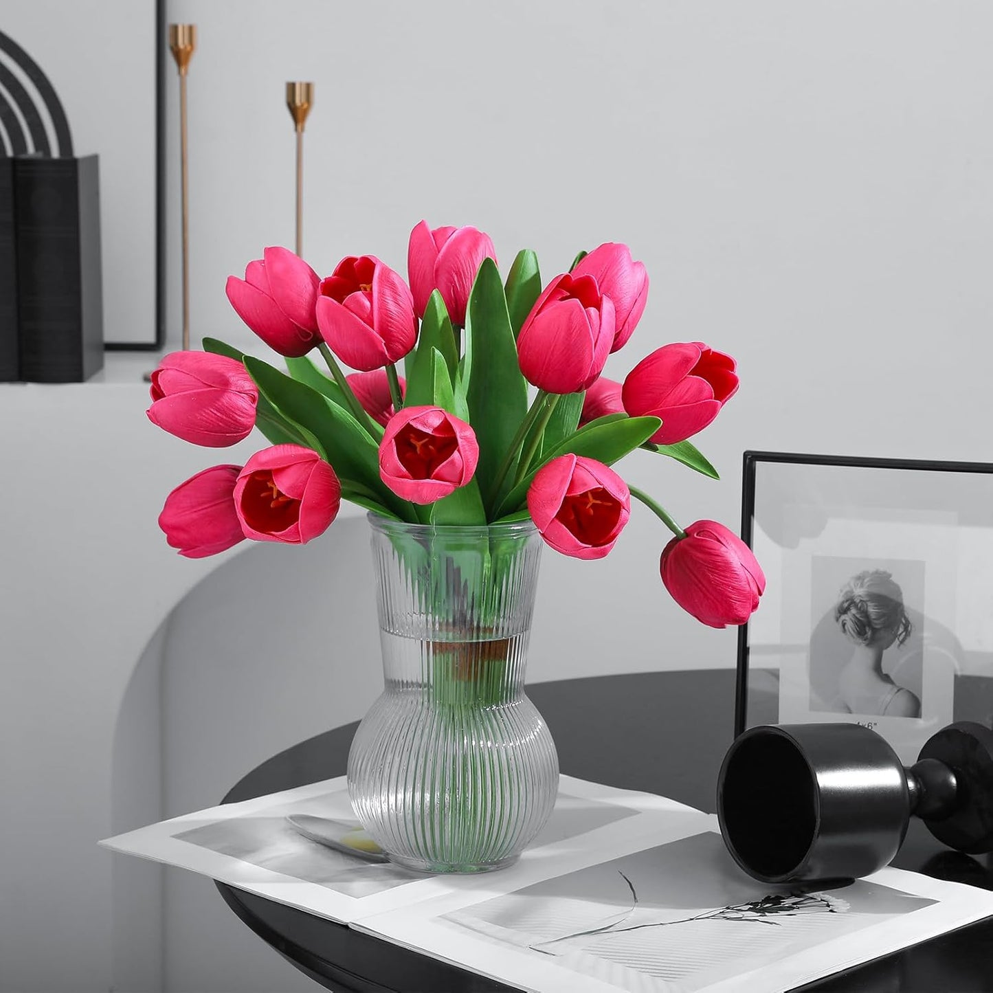 Rose Red Artificial Tulips, 2 Bundles 14Pcs, Fake Tulips Artificial Flowers, 2 x 2.4 Inch Large Flower Head Big Tulip, Easter Valentine's Day Mother's Day Home Decoration Flowers