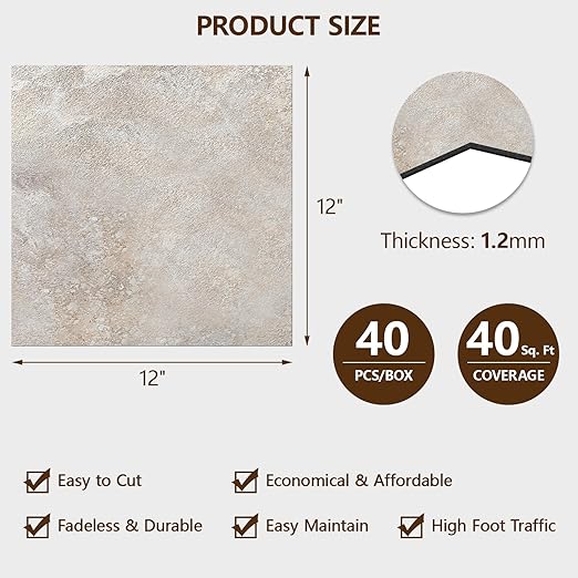 Peel and Stick Floor Tile, 40-Pack 12" x 12" Vinyl Flooring, Waterproof Self-Adhesive Luxury Vinyl Tiles, Easy DIY for Living Room, Kitchen, Dinning Room, RV, Cover 40 Sq. Light Slate Marble