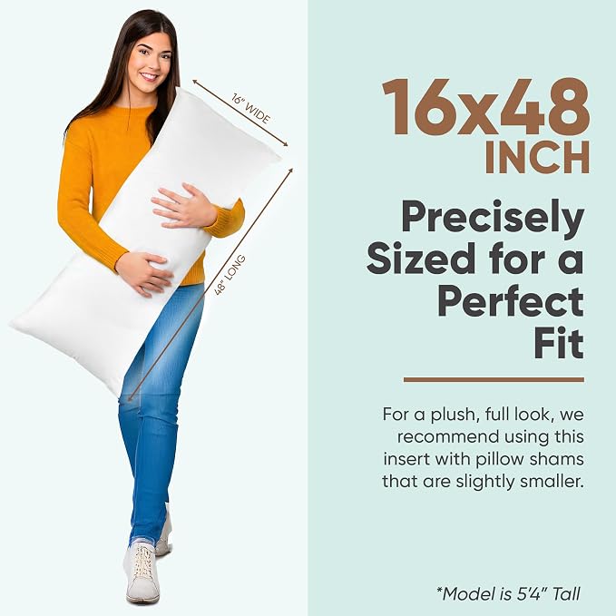 Pillowflex Synthetic Down Pillow Insert - 16x48 Down Alternative Pillow, Ultra Soft, Large Rectangle Body Sleeping Pillow, Lumbar, Long, Back - 1 Decorative Pillow Form