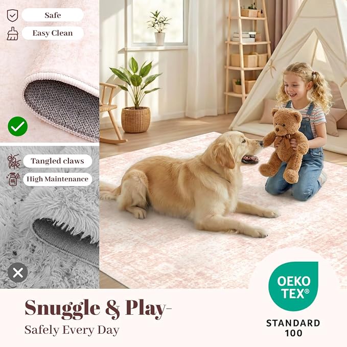 Homemate Washable Rug 8x10 Area Rugs - Vintage Faux Wool Rugs for Living Room Bedroom Dining Room - Non Slip Foldable Carpet Indoor Area Rug for Home Decor（8'x10', Pink