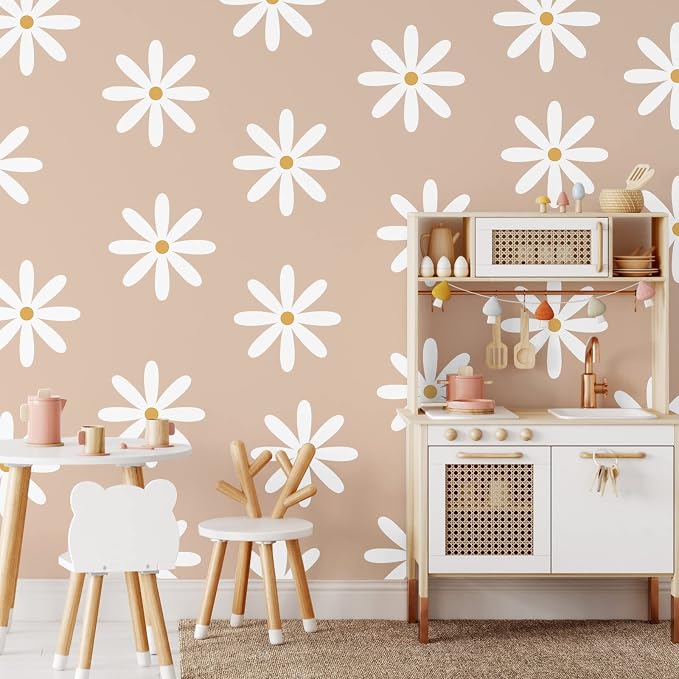 TaoBary 12 Sheet Daisy Wall Sticker Decal Removable Cute Daisy Bedroom Room Decor Flower Wall Sticker Pink White Flower Decal Wallpaper Peel and Stick for Nursery Home(White, Yellow,Fresh Style)