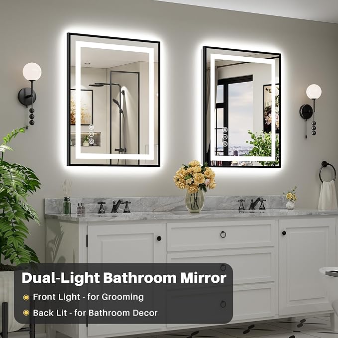 28X36 Inch LED Bathroom Mirror with Black Frame, Backlit & Front Lit, Anti-Fog Lighted Bathroom Vanity Mirror for Wall, Memory Function, Dimmable, HD Tempered Glass, Shatter-Proof