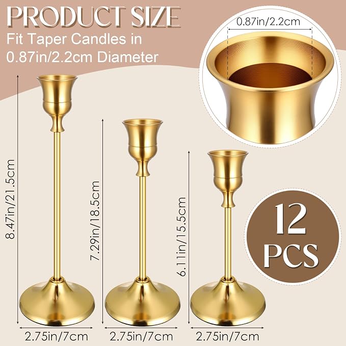 12PCS Brass Gold Taper Candle Holders Set, Vintage Metal Candlestick Holders for Table Centerpiece, Wedding Reception, Festive Christmas Mantel Decoration