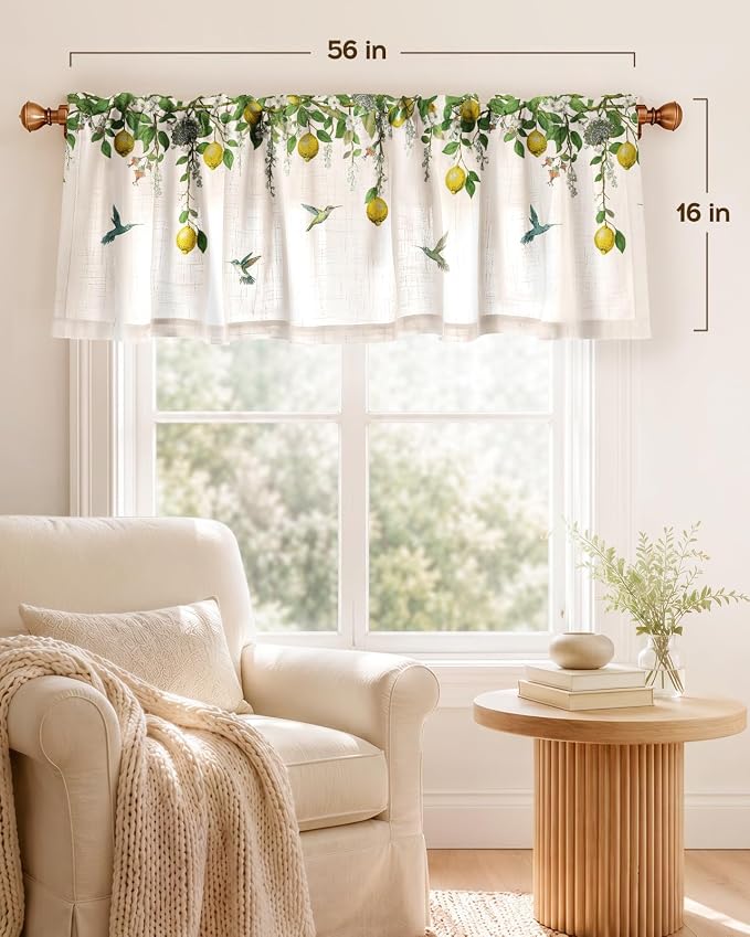 Miss Adola Valance Curtain for Windows - 16 Inch Linen Blend Farmhouse Lemon Bird Valance for Kitchen Living Room Bedroom Bathroom Vintage Country Short Curtain with Rod Pocket, 1 Panel