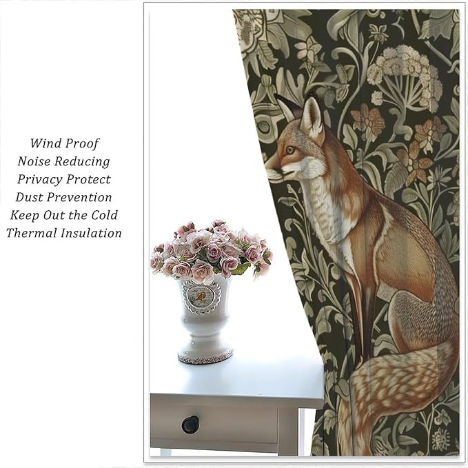 William Morris Blackout Curtains, Rustic Forest Fox Flower Botanical Art Rustic Window Drapes, for Bedroom Living Room 42" W X 54" L
