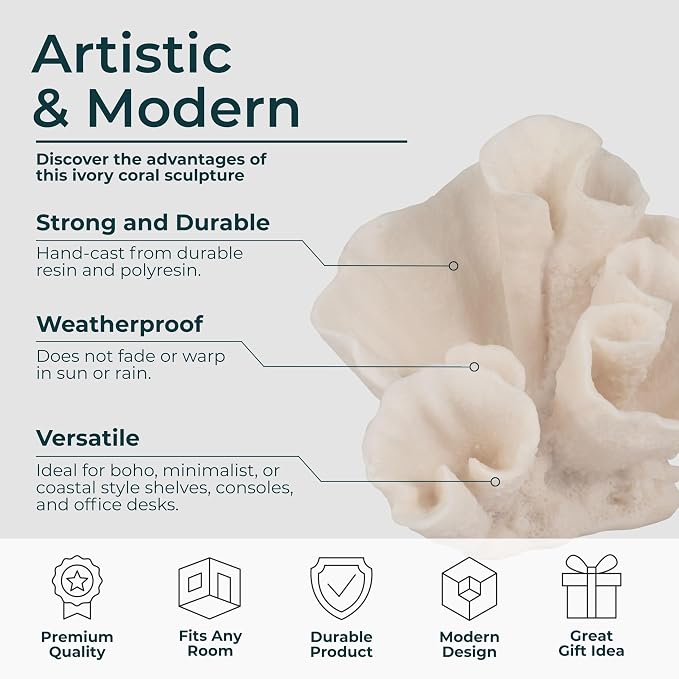 Decorative Coral Inspired Sculpture for Home, Bathroom, Room and Living Room Decor - Resin Ornaments for Shelf & Office Display - Coastal Figurine for Coffee Table Decor - 6", Ivory & Tan