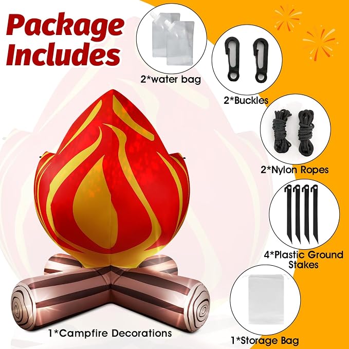 5FT Summer Inflatable Campfire Blow-up Fake Campfire Built-in 4 LED Lights for Summer Inflatables Outdoor Decorations Inflatable Fake Fire for Bonfire Birthday Party Decor Supplies Yard Lawn Garden
