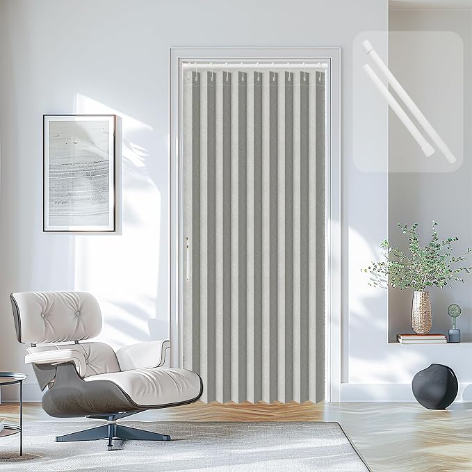 AJAZZ Set: Curtain Rods No Drilling (38-53" W Adjustable Range) & Accordion Door Curtain, Grey 53W×78" L, Accordion Doors for Closet Doorway Room Divider
