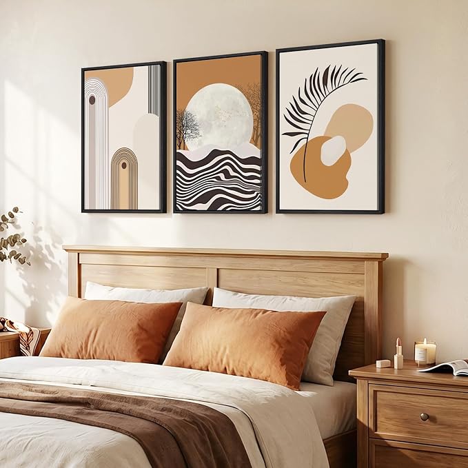 Framed Boho Mid Century Modern Wall Art for Living Room, 3 Piece Large Abstract Canvas Prints Paintings, Orange Earth Tones Moon Botanical Artwork Decor for Bedroom Hallway 16x24 Inch