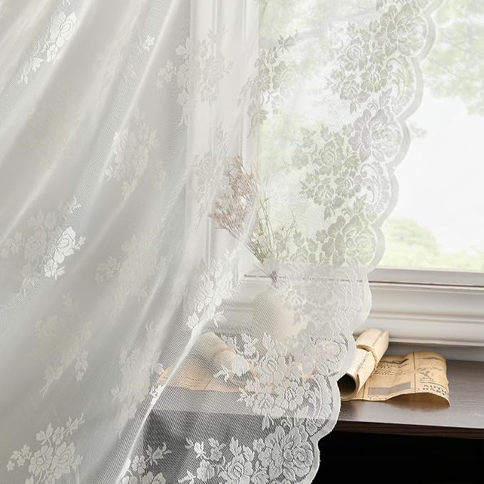 Kotile Ivory Lace Curtains 63 Inch Length - Premium Embroidery Floral Sheer Lace Curtains for Bedroom, Scalloped Trim Country Sheer Window Curtain Panels, 52 x 63 Inch, 2 Panels, Ivory/Cream