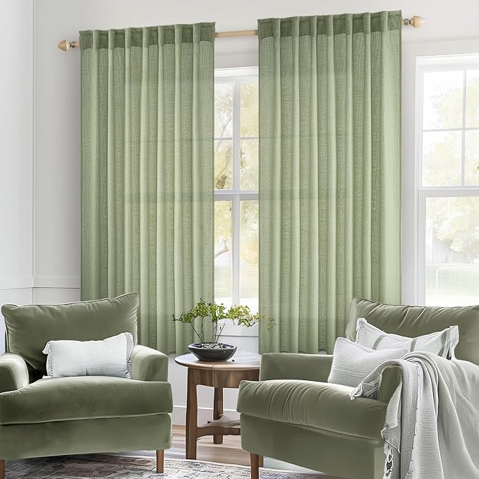 MIULEE Sage Green Linen Curtains 63 Inch Length 2 Panels for Bedroom Living Room, Soft Thick Linen Textured Window Drapes Semi Sheer Light Filtering Back Tab Rod Pocket Burlap Look Decor