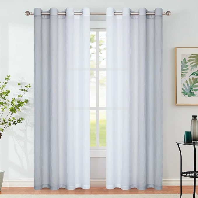Purainbow Ombre Sheer Curtains Grey 54 Inches Length for Bedroom Living Room, Chiffon Crinkle Semi Sheer Short Curtain Panels Light Filtering Not See Through for Laundry Room, Grommet Top, 52" W