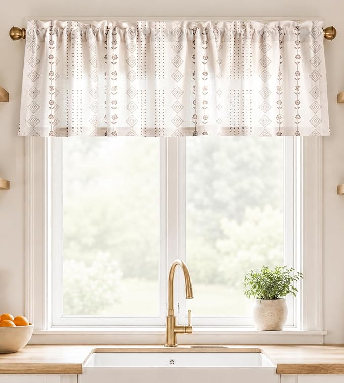Miss Adola Valance Curtain for Windows - 16 Inch Linen Blend Farmhouse Beige Striped Valance for Kitchen Living Room Bedroom Bathroom Boho Short Curtain with Rod Pocket, 1 Panel