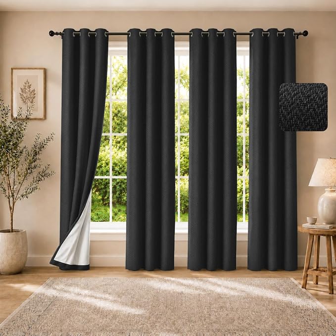 4 Panels 100% Blackout Linen-Textured Curtains, Thick Thermal Insulated Grommet Drapes with Subtle Herringbone Weave, Luxury Decor for Bedroom/Living Room, 37 x 84 Inches, Black