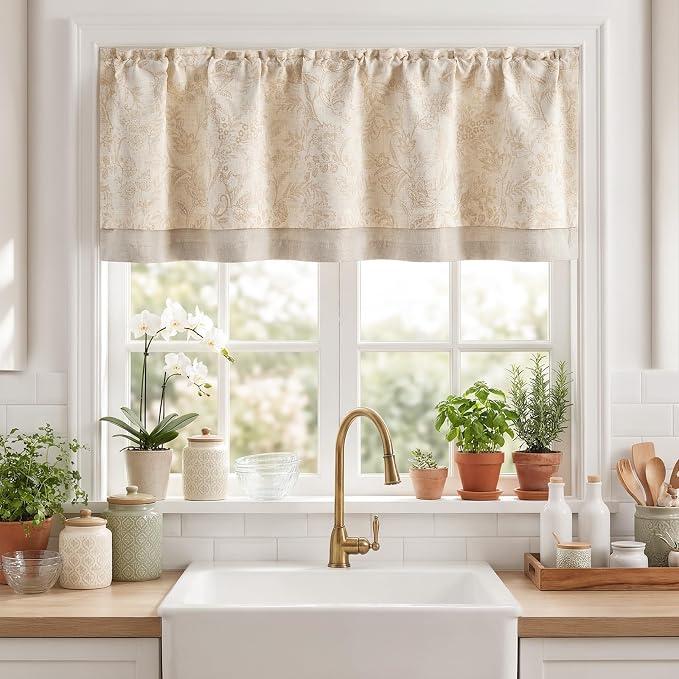 jinchan Linen Valance Curtain Farmhouse Floral Printed Small Window Curtain for Kitchen Rustic Light Filtering Valance for Living Room Bedroom Bathroom 18 Inch Rod Pocket 1 Panel Taupe on Beige