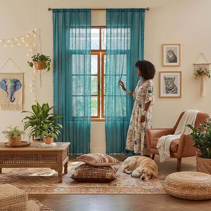 WAZZIO Boho Lace Curtains 63 Inches 2 Panel,Light Filtering Privacy Tassel & Geometry Crochet Semi Sheer Curtain Drapes for Bedroom Living Dining Room,Rod Pocket & Tassel,Coastal Style,Teal