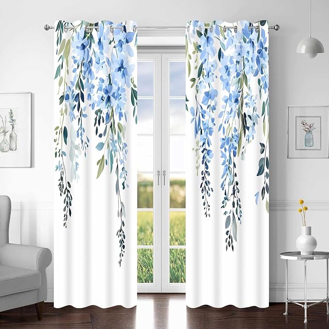 Blue Watercolor Floral Curtains, Botanical Leaves Vine Flowers Curtain, Rustic Farmhouse Flower Leaf Blackout Window Treatment Drapes for Bedroom Living Room 42x72 inch, 2 Panels