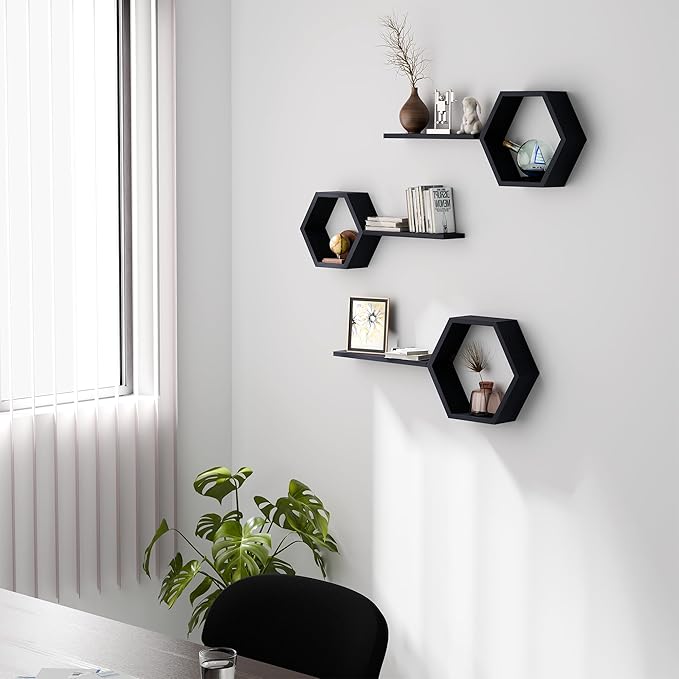 Hexagon Floating Shelves Set of 6 Honeycomb Shelves for Wall, Wooden Hexagon Shelves for Farmhouse Storage (Carbonized Black)