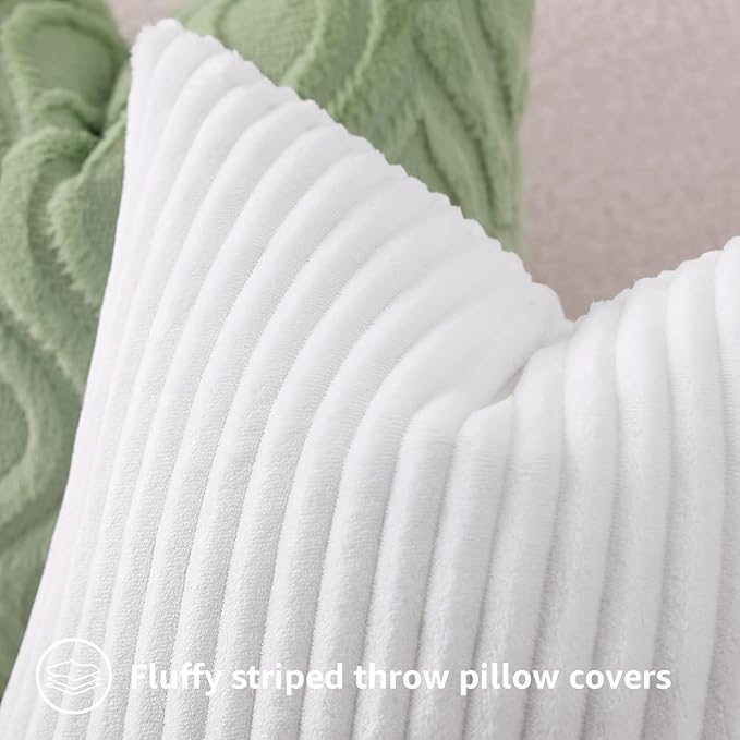 decorUhome Set of 4 Flannel Neutral White Throw Pillow Covers 18x18 Inch, Spring Decorative Soft Double-Sided Fluffy Couch Pillow Covers, Farmhouse Pillow Cases for Sofa Living Room