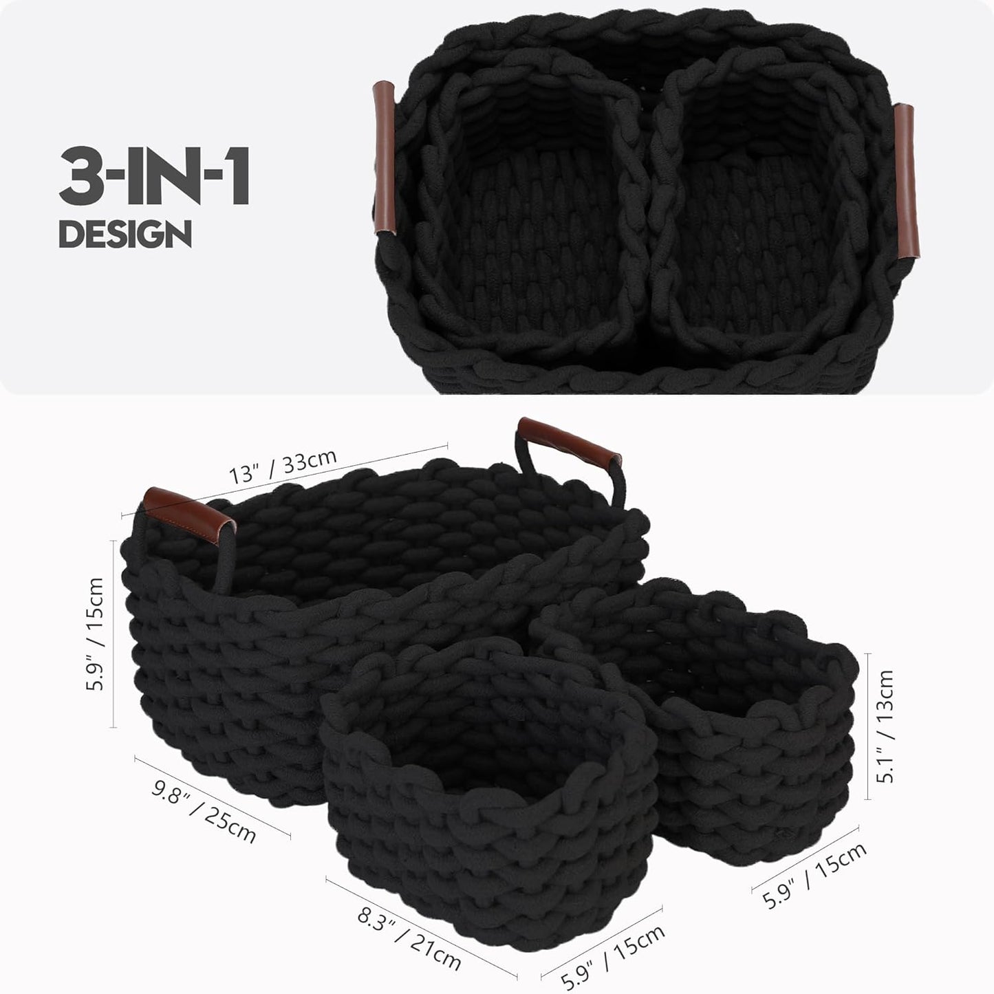 Sea Team 3-Pack Rectangle Woven Cotton Rope Storage Baskets with Handles, Shelf Basket, Closet Organizers, 3-in-1, Black