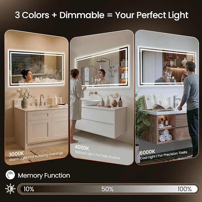 48X30 LED Bathroom Mirror with Lights, Anti-Fog, Backlit + Front Lit, Lighted Bathroom Vanity Mirror for Wall, Memory Function, Dimmable, Tempered Glass, Shatter-Proof