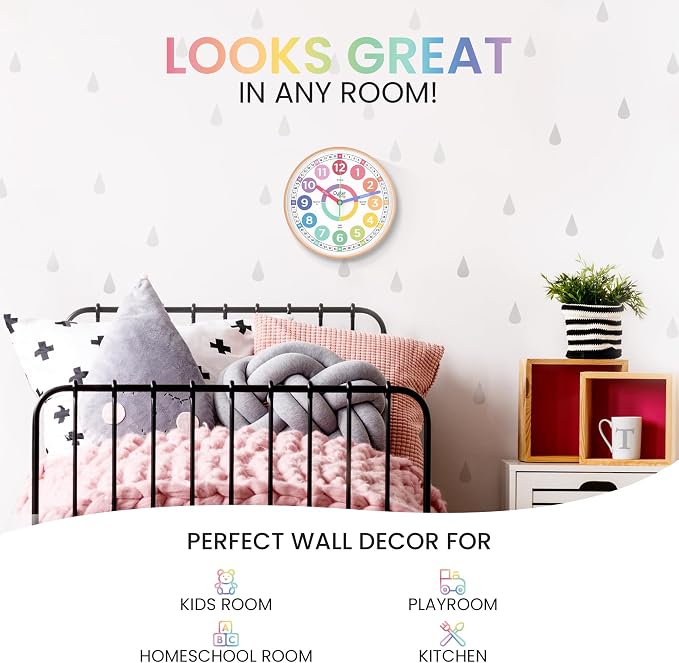 Oyster&Pop Kids Clock - Silent 10" Pastel Analog Learning Wall Clock - Award-Winning Telling Time Teaching Clock for Kids - Bedrooms Homeschool & Classrooms - Includes eBook
