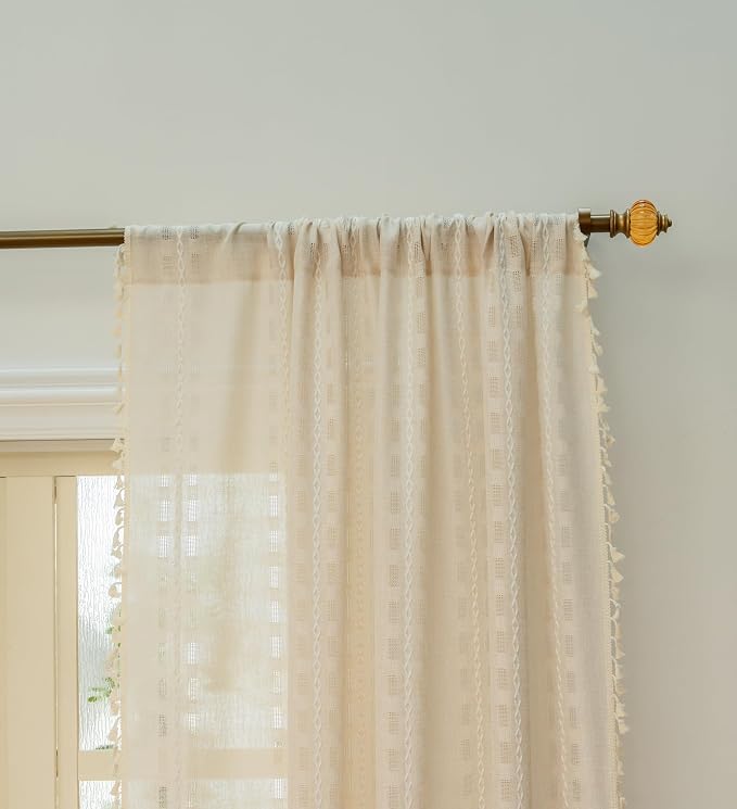 Deeprove Ivory Boho Curtain 72 inches Long for Living Room Bedroom Kitchen, Lodge Bohemian Sheer Linen 72 inches Length Stripe Embroidery Privacy Window Tassel Decor W52 x L72, 1 Panel