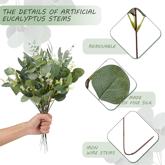 Coreland 120 Pcs 4 Kinds Mixed Eucalyptus Leaves Stems Bulk Artificial Silver Dollar Leaves Picks Dried Eucalyptus Bundle Faux Spray for Wedding Vase Bouquet Floral Arrangement