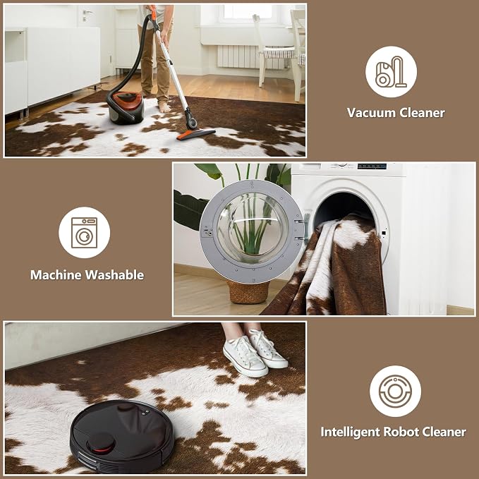 DweIke Cow Print Rugs for Living Room, 8x10 Large Soft Faux Animal Cowhide Area Rug, Washable Non-Slip Stain Resistant Throw Carpet for Dining Room Office Western Home Decor, Light Brown