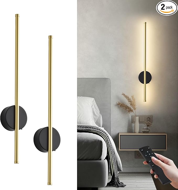 Battery Operated Modern Wall Sconce Set of Two,Rechargeable Wireless Wall Lights with Remote Control,Dimmable,3 CCT,Cordless Lighting Fixtures for Bedroom,Living Room,Hallway,23.6 Inch,Black Gold