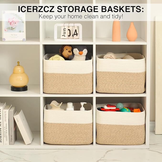 ICERZCZ Storage Baskets for Organizing & Shelves, Woven Cotton Rope Organization Bins for Dog Toys, Clothes, Books, Nursery Organizer, 15" Lx11''Wx9.5''H, (4 Packs) Off White & Brown
