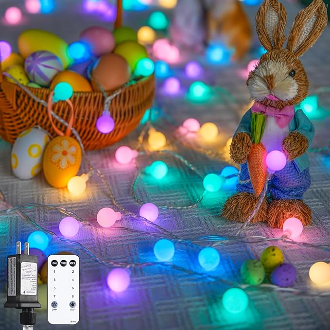 JMEXSUSS 33 ft 100 LED Connectable Globe Easter Lights String Indoor | 8 Modes String Lights Plug in with Remote, Timer Pastel Christmas Light Outdoor for Bedroom Tree Room Party Easter Decoration