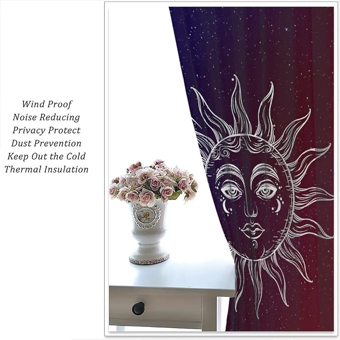 Sun Moon Blackout Windows Curtains, Burning Sun Moon Red Blue Cosmic Galaxy Bohemian Curtains, for Living Room Bedroom 42x63in 2 Panels