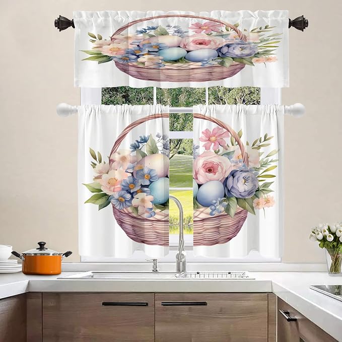Shrahala Basket Flowers Eggs Blackout Curtain Tiers, A Basket with Floral and Eggs Kitchen Valance Light Blocking Tier Drapes with Rod Pocket, 2 Pack 26 X 36 in