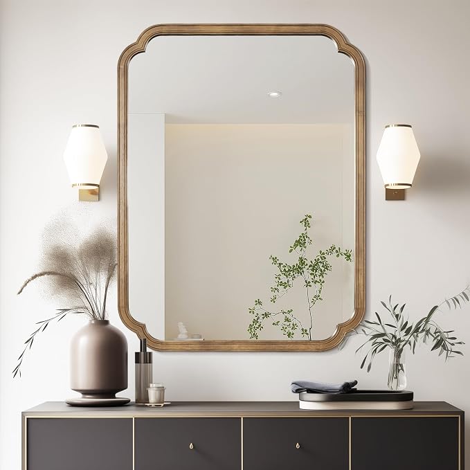 WallBeyond 28" x 40" Rounded Corner Arch Wall Mirror with Wood Frame for Entryway, Living Room or Bedroom Home Decor - Light Woodgrain, Honey-Colored