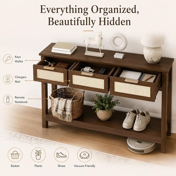 Luoxiao Console Table for Entryway with 3 Rattan Drawers Storage Open Shelf | Narrow Entry Table for Hallway, Foyer, Couch, Front Entrance, Anti-Tip, Easy to Assemble, 47 Inch, Walnut, Mid-Century Modern