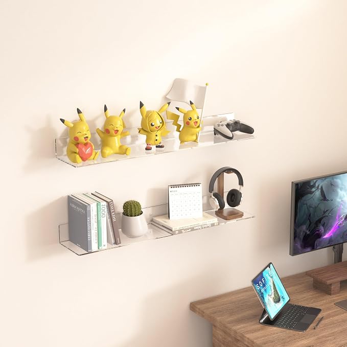 Sezanrpt 30 Inches Acrylic Wall Shelves 2 Pack, Floating Shelf for Wall Mounting, Acrylic Display Ledges for Funko Pop Figures, Home Décor, Living Room, Gaming Room, Plants(30 inch, Clear)