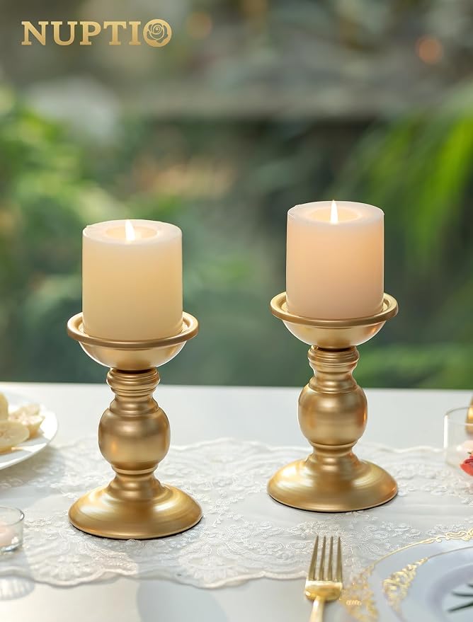 Set of 2 Gold Metal Pillar Candle Holders for 3 inches Dia Candle, Wedding Centerpieces Candlestick Holders Stand Centerpiece Decoration Ideal for Weddings, Special Events, Parties