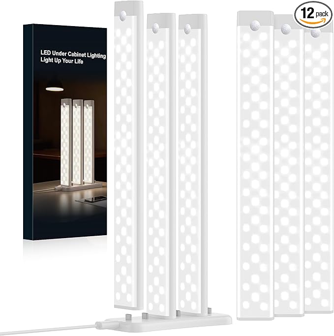 12 Inches Under Cabinet Lighting 12 Packs with 2 Charging Stations, Rechargeable Motion Sensor Light Indoor, 3 Color Temps, Dimmable Closet Light Stick on, Under Counter Lights for Kitchen