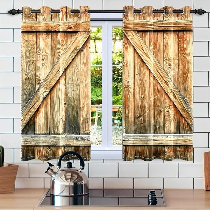 Closed Door Barn Curtains Rustic Vintage Wood Wooden Plank Window Farmhouse Countryside Living Room Kitchen Drapes Treatments Grommets Top,21x63 inch,2 Panels, Yellow