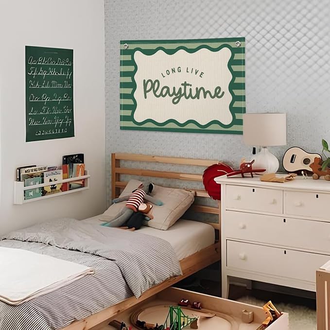 Playroom Decor, Long Live Playtime Banner, Boho Rainbow Linen Banner Wall Hanging Banner Flag Decor for Toddler Boy Kids Room Nursery Playroom, Green