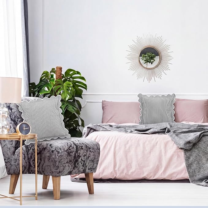 Newwiee 2 Pack Scalloped Pillow Cover 18 x 18 Inch Black Stripe Throw Pillow Cover Cotton Decorative Pillowcase for Women Men Couch Living Room Cushion Indoor Outdoor Decoration